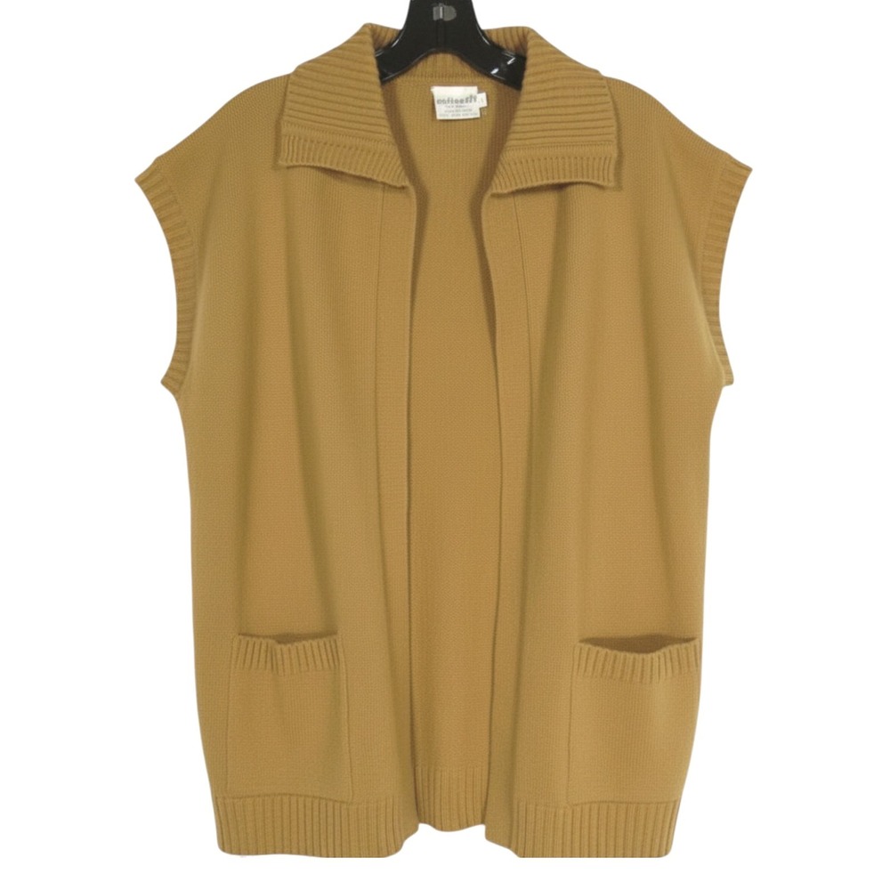 Vtg COLLECTIF Open-Front RIBBED TRIM Pockets Light Brown Knit Sweater Cardigan L